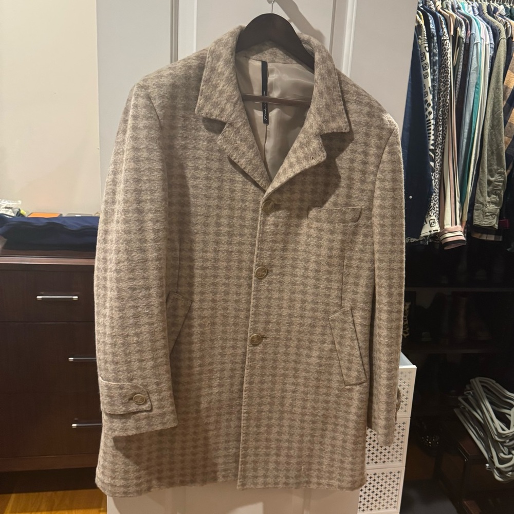 Takeshy Kurosawa Men’s Cream Houndstooth Overcoat Size 52